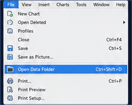 MT5 File menu showing Open Data Folder