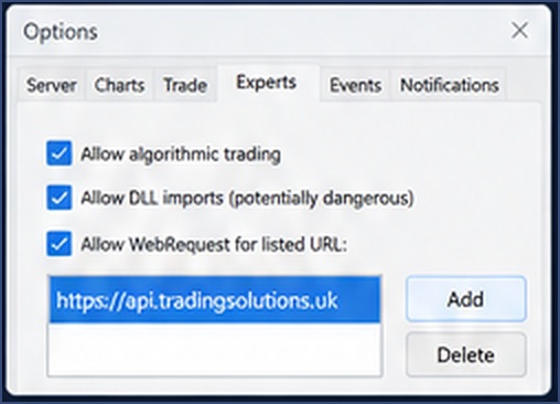 MT5 Expert Advisors WebRequest setting