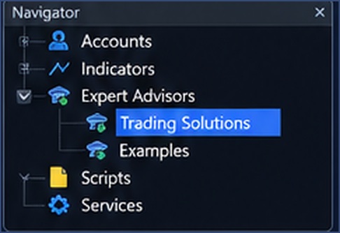 Navigator showing Trading Solutions under Expert Advisors