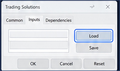Trading Solutions Inputs window with Load button